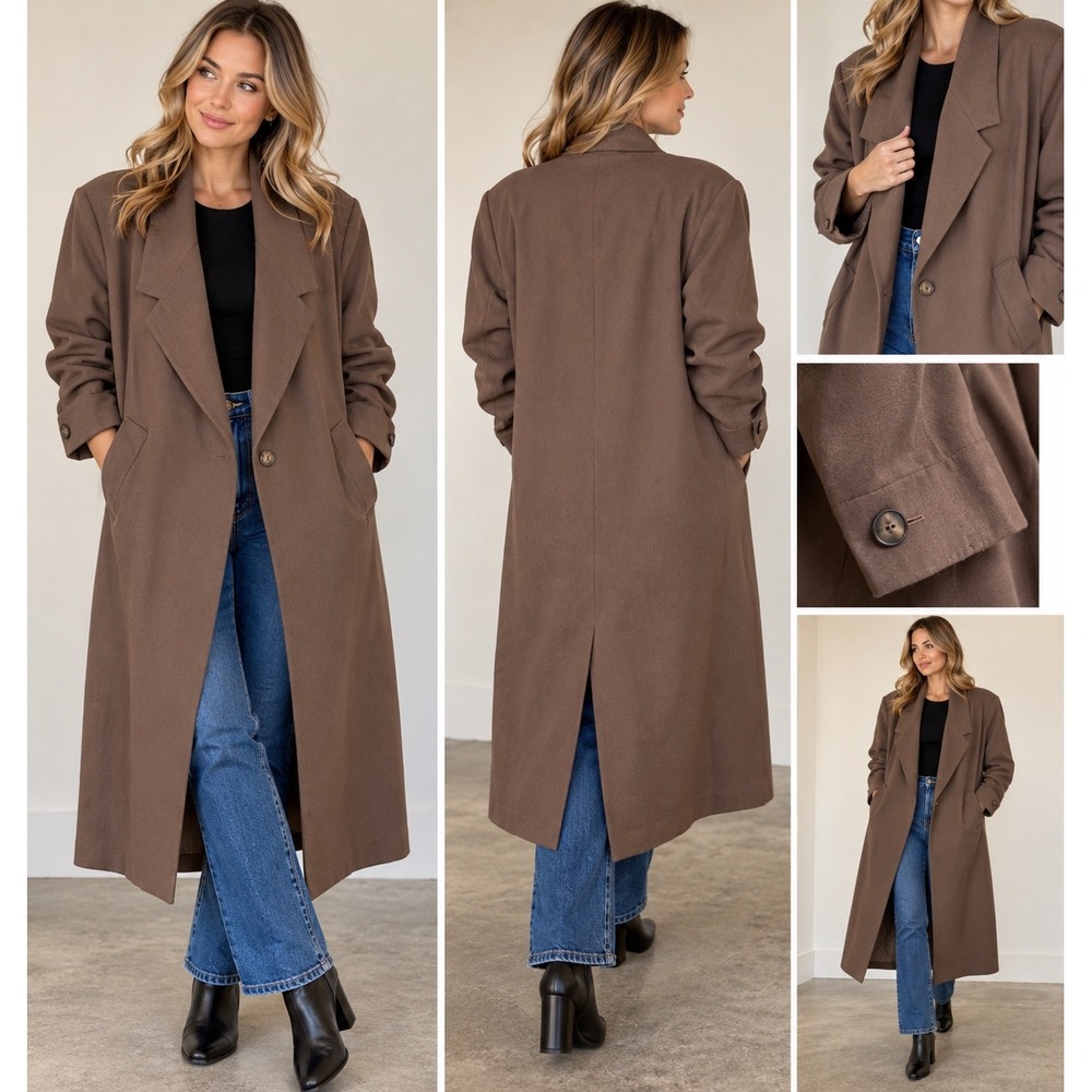 Linda Richards Vintage 100% Pure Wool Duster Coat Brown Made in USA Petite 12